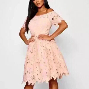 BOOHOO Boutique Off Shoulder Lace Skater Blush Dress NWT Size 14